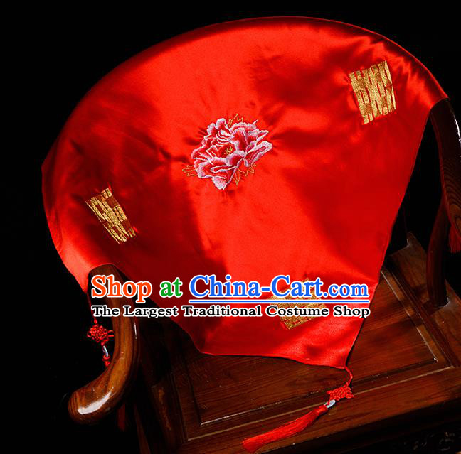 Chinese Traditional Wedding Embroidered Peony Red Veil Cover Ancient Bride Headdress for Women