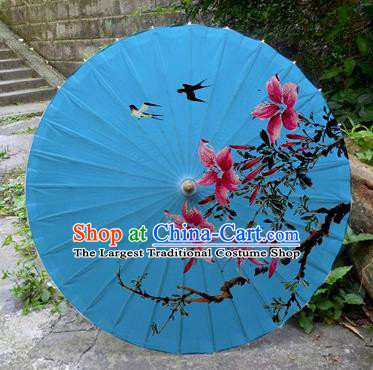 Chinese Printing Flowers Deep Blue Oil Paper Umbrella Artware Paper Umbrella Traditional Classical Dance Umbrella Handmade Umbrellas