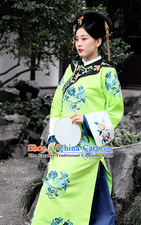 Chinese Drama Ancient Manchu Palace Lady Costumes Traditional Qing Dynasty Court Maid Green Dress for Women