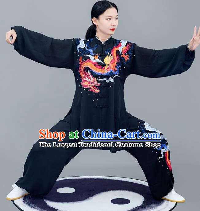 Chinese Traditional Tai Chi Training Embroidered Dragon Black Costumes Martial Arts Performance Outfits for Women