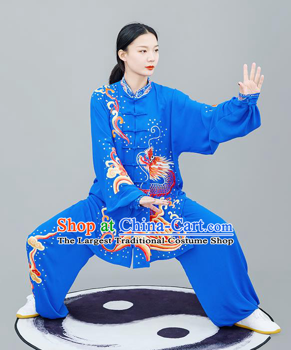 Chinese Traditional Tai Chi Training Embroidered Dragon Royalblue Costumes Martial Arts Performance Outfits for Women