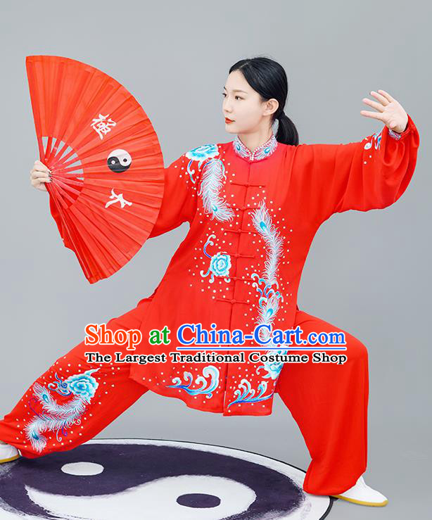 Chinese Traditional Tai Chi Training Embroidered Phoenix Peony Red Costumes Martial Arts Performance Outfits for Women