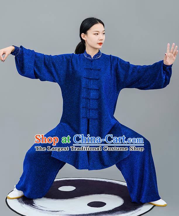 Chinese Traditional Tai Chi Training Bright Silk Royalblue Costumes Martial Arts Performance Outfits for Women