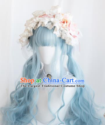 Top Grade Cosplay Blue Wigs Young Lady Long Curly Hair Wiggery Headdress for Women