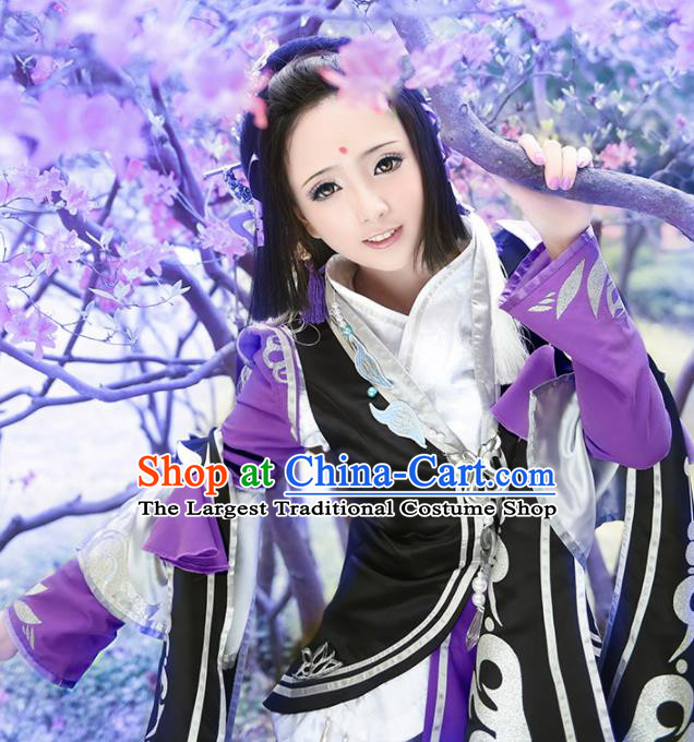 Chinese Traditional Cosplay Swordswoman Purple Costumes Ancient Female Knight Hanfu Dress for Women