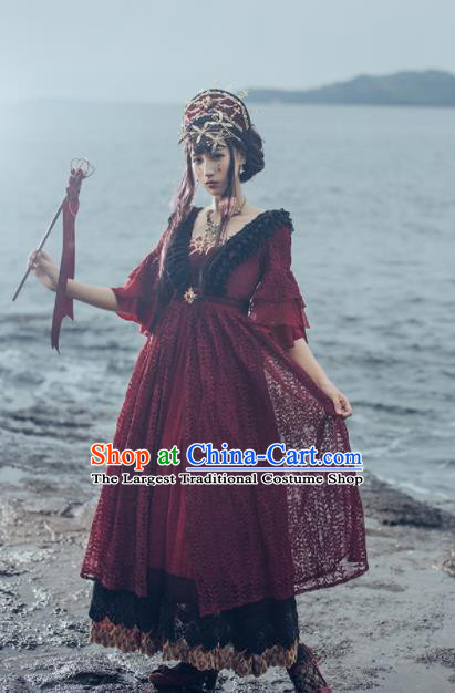 Top Grade Cosplay Queen Wine Red Dress Halloween Magic Princess Costume for Women