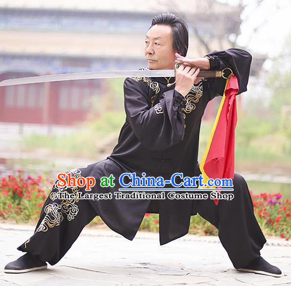 Chinese Traditional Tai Chi Training Embroidered Clouds Black Costumes Martial Arts Performance Outfits for Men