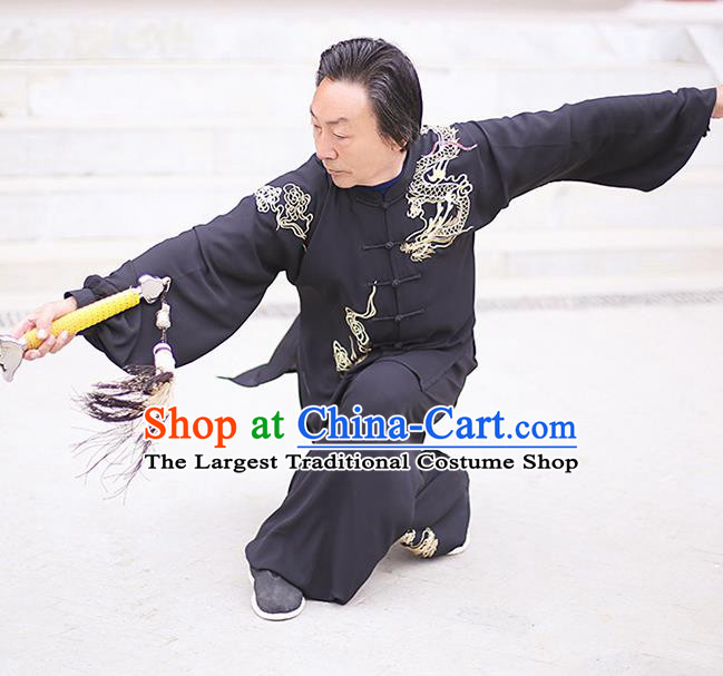 Chinese Traditional Tai Chi Training Embroidered Dragon Black Costumes Martial Arts Performance Outfits for Men