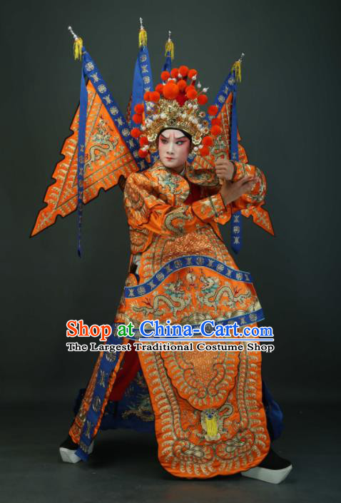 Chinese Traditional Beijing Opera Chu King Orange Costumes Peking Opera Takefu Embroidered Da Kao Clothing for Men