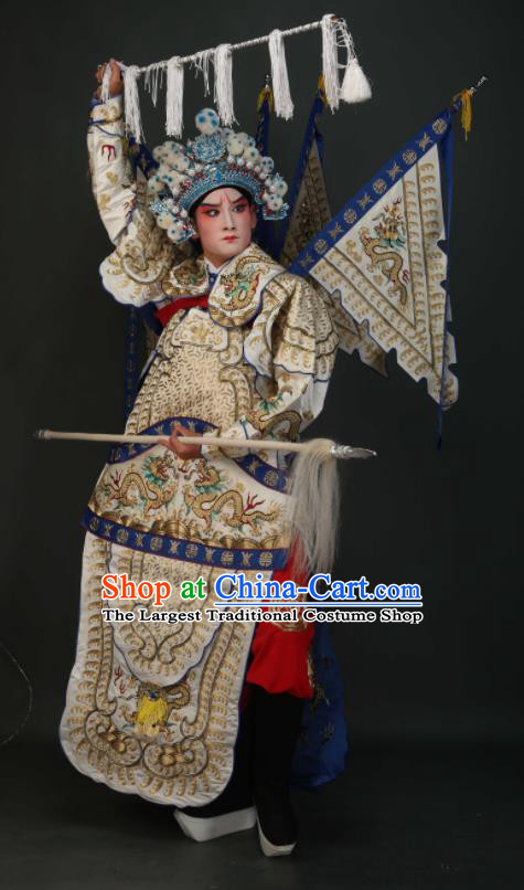 Chinese Traditional Beijing Opera Chu King White Costumes Peking Opera Takefu Embroidered Da Kao Clothing for Men