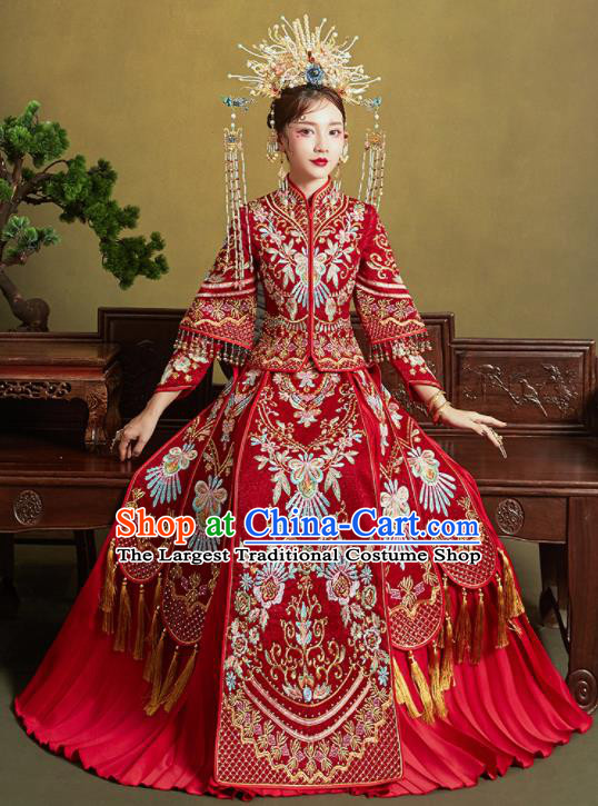 Chinese Traditional Embroidered Xiu He Suit Ancient Wedding Red Dress Bride Costumes for Women