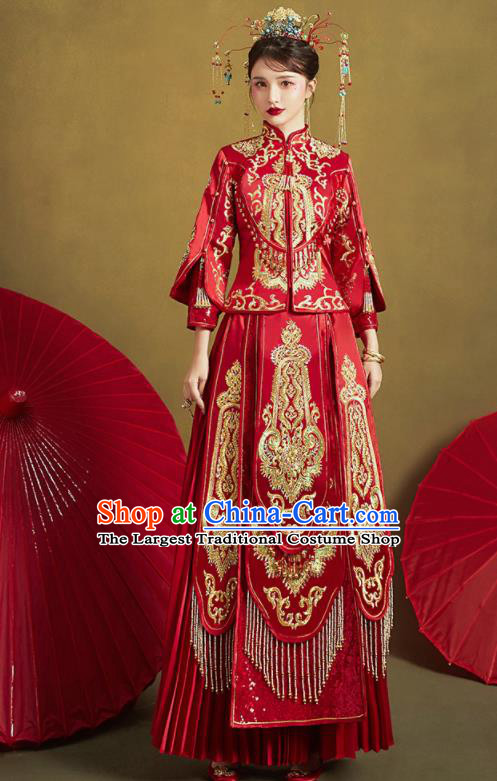 Chinese Traditional Red Xiu He Suit Embroidered Wedding Dress Ancient Bride Costumes for Women