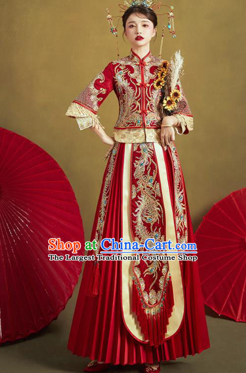 Chinese Traditional Drilling Red Xiu He Suit Embroidered Phoenix Wedding Dress Ancient Bride Costumes for Women