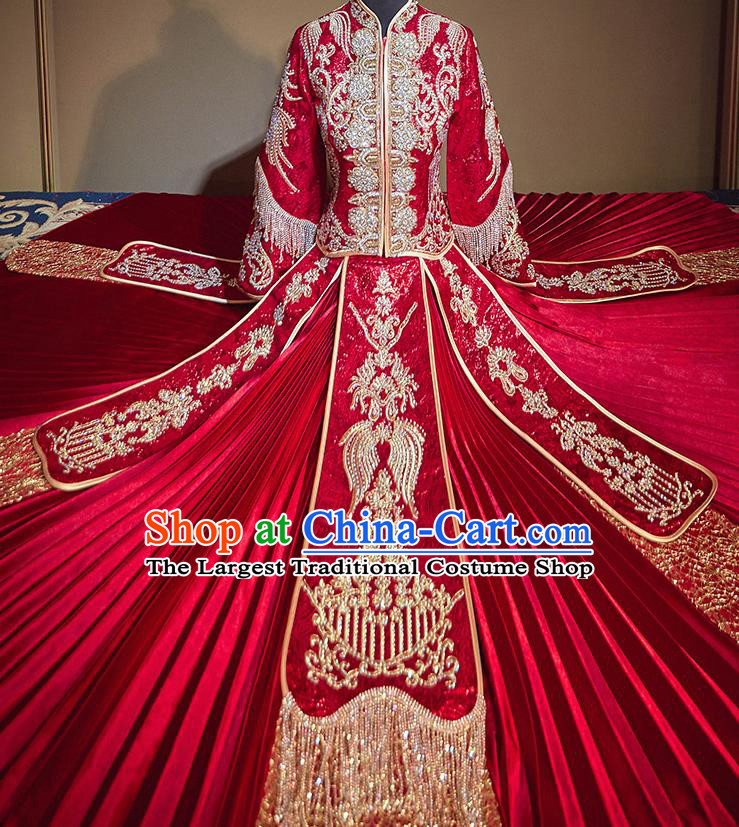 Chinese Traditional Diamante Xiu He Suit Ancient Wedding Embroidered Red Dress Bride Costumes for Women