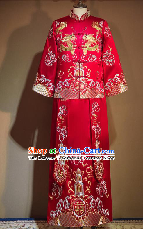 Chinese Ancient Bridegroom Embroidered Red Mandarin Jacket and Long Gown Traditional Wedding Tang Suit Costumes for Men