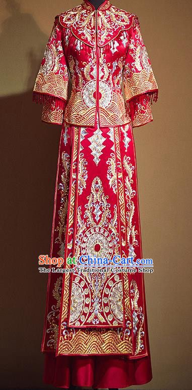 Chinese Traditional Diamante Embroidered Xiu He Suit Ancient Wedding Red Dress Bride Costumes for Women