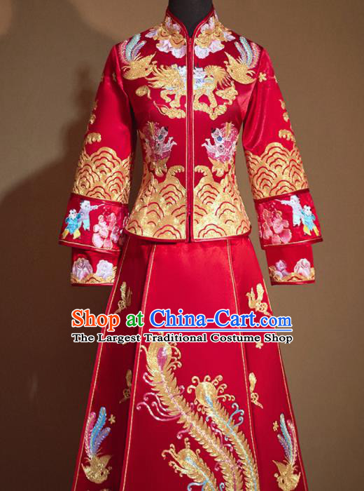 Chinese Traditional Embroidered Playing Boys Red Xiu He Suit Ancient Wedding Dress Bride Costumes for Women