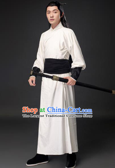 Chinese Ancient Swordsman White Clothing Traditional Three Kingdoms Period Sun Quan Costumes for Men