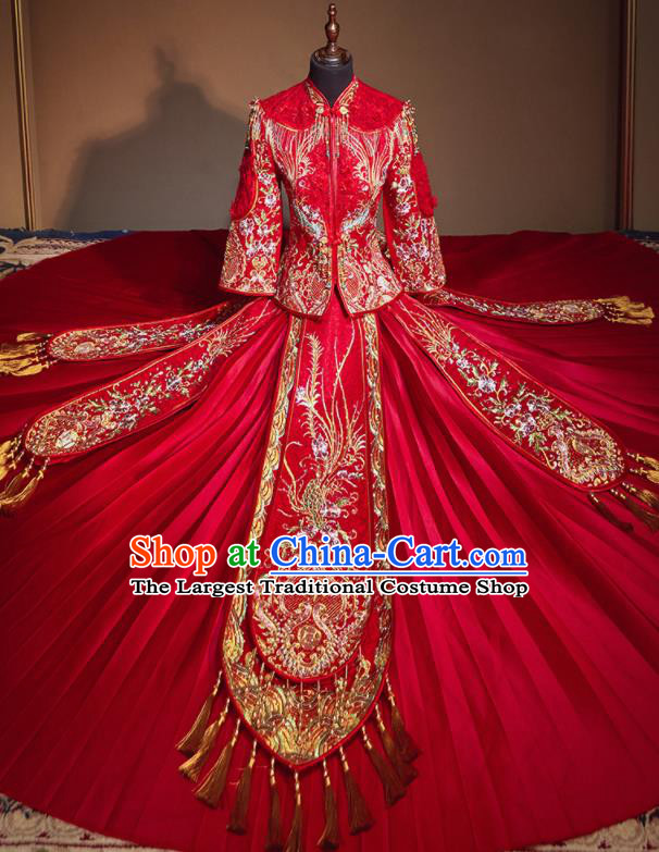 Chinese Traditional Wedding Drilling Phoenix Xiu He Suit Embroidered Red Dress Ancient Bride Costumes for Women