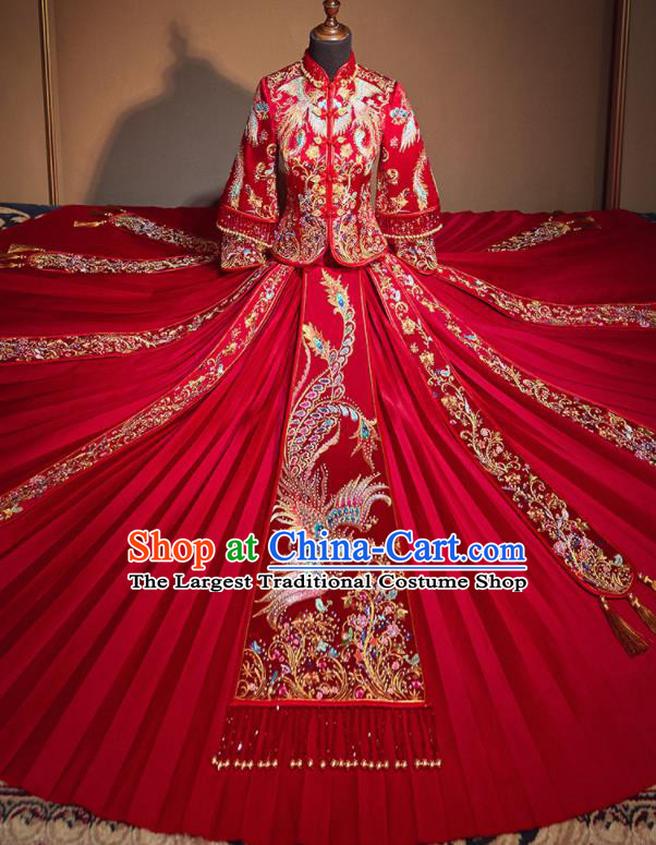 Chinese Traditional Wedding Xiu He Suit Embroidered Phoenix Jacket and Dress Ancient Bride Costumes for Women