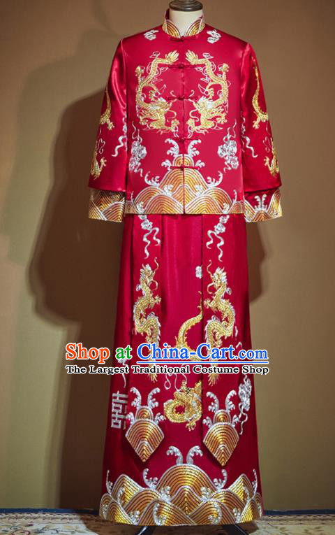 Chinese Ancient Bridegroom Embroidered Dragon Red Mandarin Jacket and Long Gown Traditional Wedding Tang Suit Costumes for Men