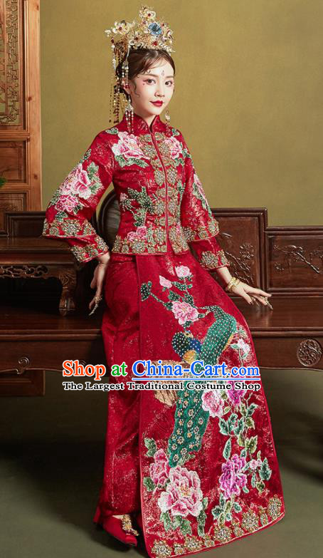 Chinese Traditional Wedding Xiu He Suit Embroidered Peacock Peony Red Blouse and Dress Ancient Bride Costumes for Women