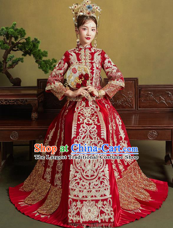 Chinese Traditional Wedding Drilling Xiu He Suit Embroidered Red Blouse and Dress Ancient Bride Costumes for Women