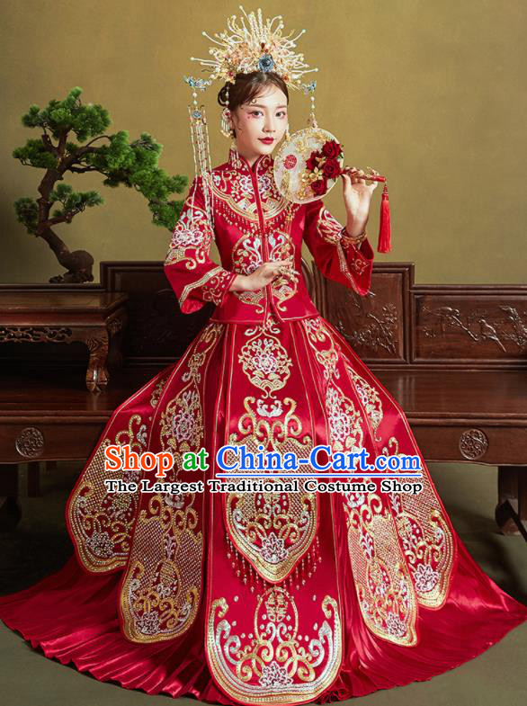 Chinese Traditional Embroidered Peony Wedding Xiu He Suit Red Blouse and Dress Ancient Bride Costumes for Women