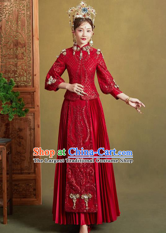 Chinese Traditional Embroidered Wedding Trailing Xiu He Suit Red Blouse and Dress Ancient Bride Costumes for Women