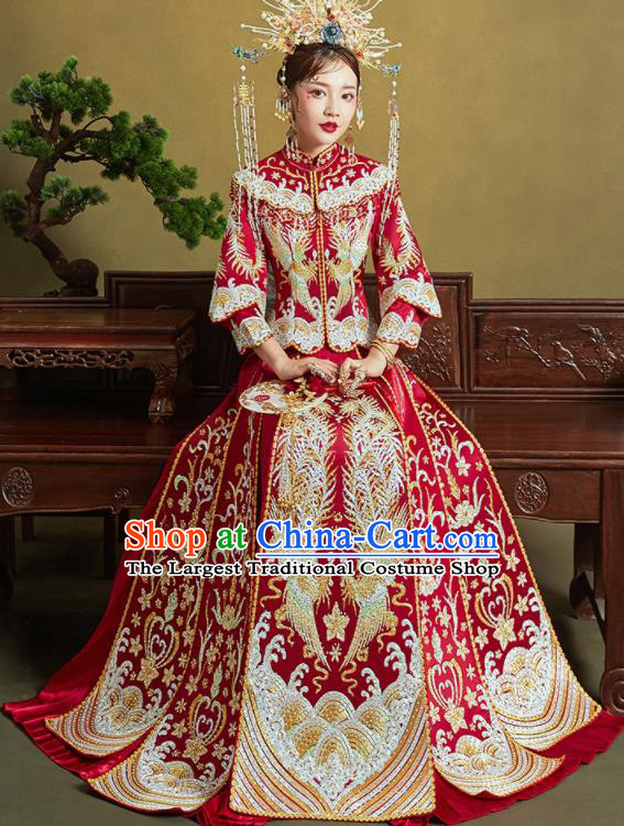 Chinese Traditional Embroidered Phoenix Wedding Xiu He Suit Red Blouse and Dress Ancient Bride Costumes for Women