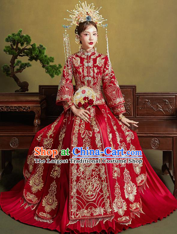 Chinese Traditional Embroidered Wedding Drilling Xiu He Suit Red Blouse and Dress Ancient Bride Costumes for Women