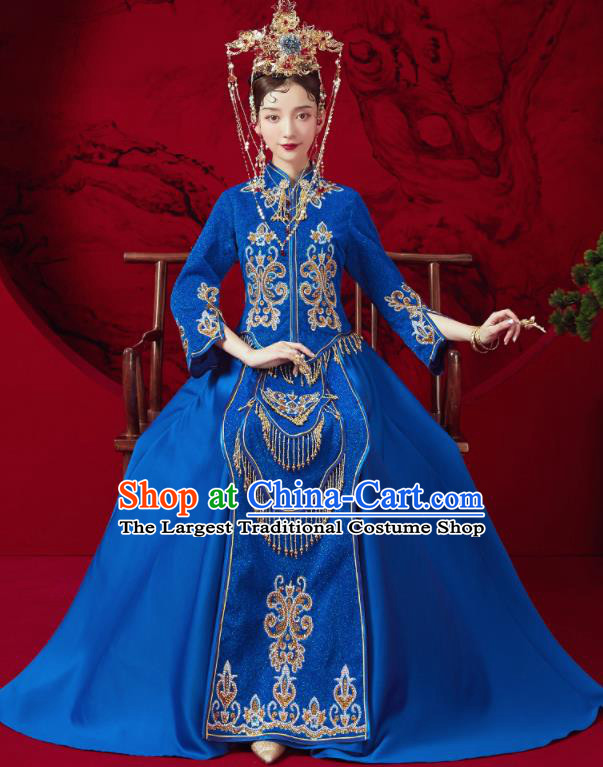 Chinese Traditional Embroidered Wedding Royalblue Xiu He Suit Blouse and Dress Ancient Bride Costumes for Women