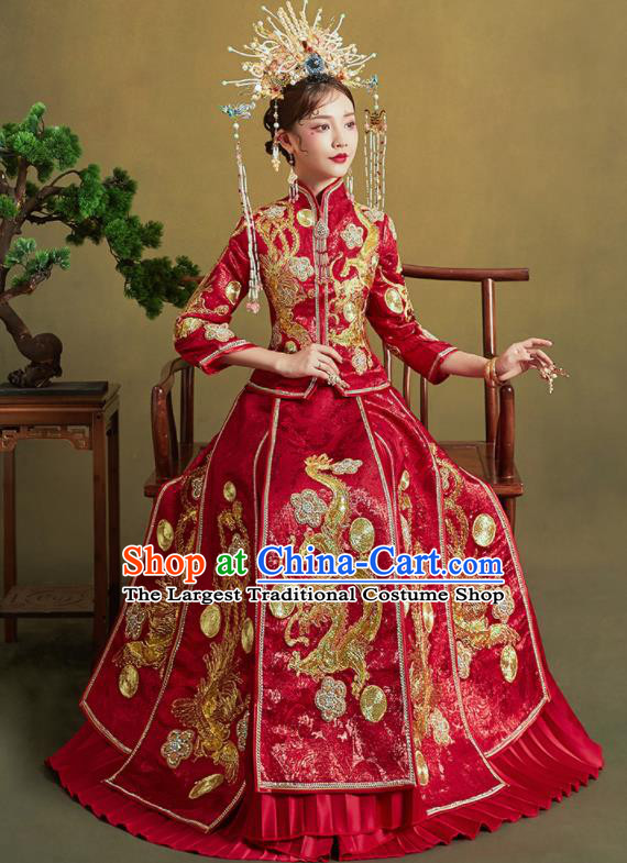 Chinese Traditional Wedding Xiu He Suit Embroidered Dragon Red Blouse and Dress Ancient Bride Costumes for Women