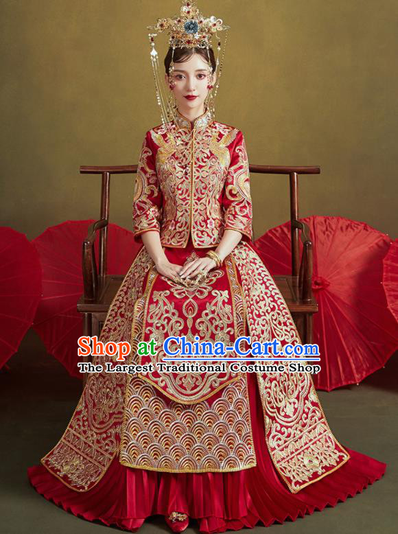 Chinese Traditional Embroidered Wedding Red Xiu He Suit Blouse and Dress Ancient Bride Costumes for Women