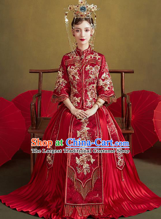 Chinese Traditional Embroidered Flowers Wedding Dark Red Xiu He Suit Blouse and Dress Ancient Bride Costumes for Women