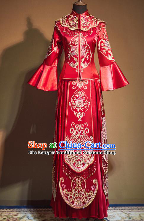 Chinese Traditional Embroidered Peony Wedding Xiu He Suit Red Blouse and Tassel Dress Ancient Bride Costumes for Women