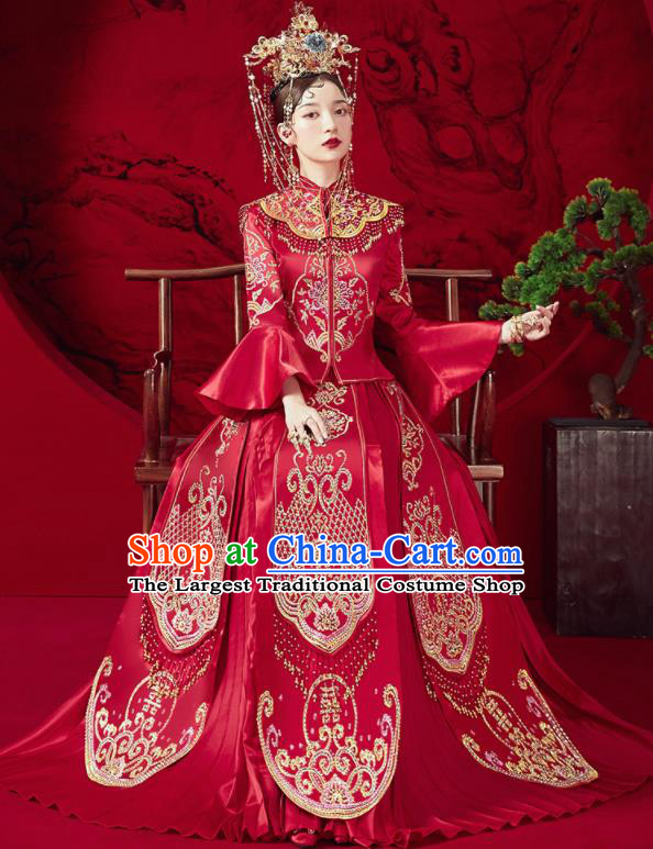 Chinese Traditional Embroidered Wedding Red Xiu He Suit Blouse and Dress Ancient Bride Costumes for Women