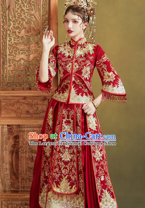 Chinese Traditional Embroidered Golden Peony Wedding Xiu He Suit Blouse and Dress Ancient Bride Costumes for Women
