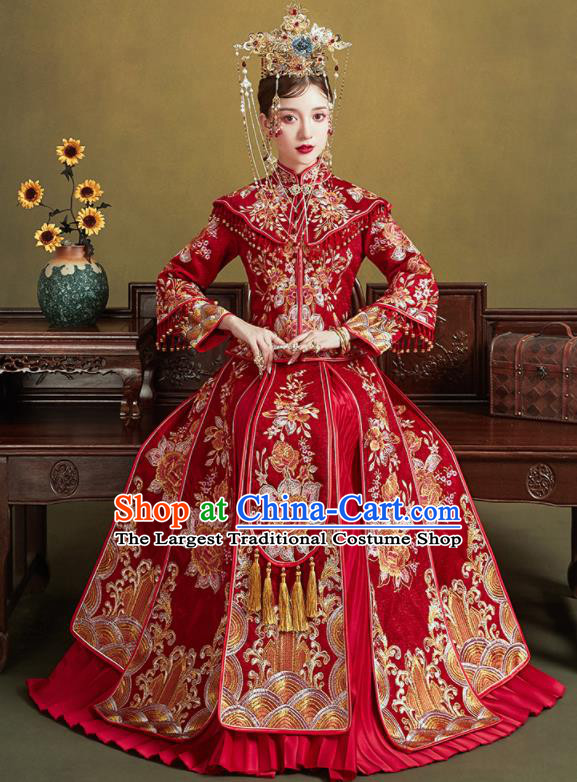 Chinese Traditional Embroidered Red Peony Wedding Xiu He Suit Blouse and Dress Ancient Bride Costumes for Women