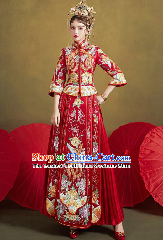 Chinese Traditional Wedding Embroidered Phoenix Peony Red Xiu He Suit Blouse and Dress Ancient Bride Costumes for Women