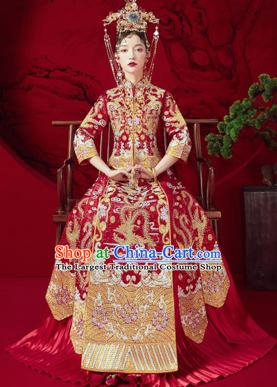 Chinese Traditional Wedding Embroidered Phoenix Plum Red Xiu He Suit Blouse and Dress Ancient Bride Costumes for Women