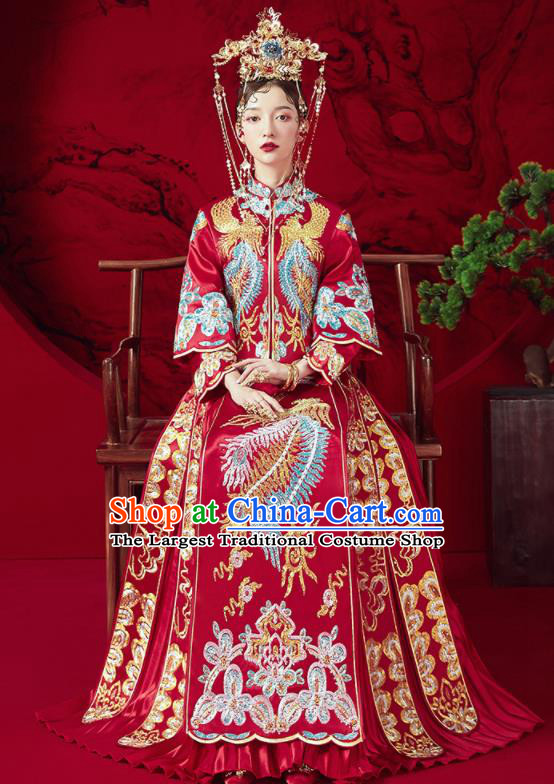 Chinese Traditional Wedding Embroidered Phoenix Xiu He Suit Blouse and Dress Ancient Bride Costumes for Women