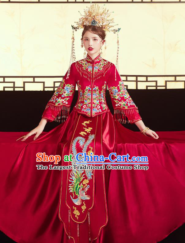 Chinese Traditional Wedding Embroidered Cloud Phoenix Red Xiu He Suit Blouse and Dress Ancient Bride Costumes for Women