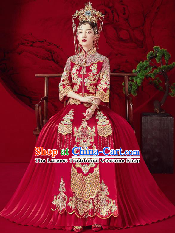 Chinese Traditional Wedding Red Xiu He Suit Embroidered Blouse and Dress Ancient Bride Costumes for Women