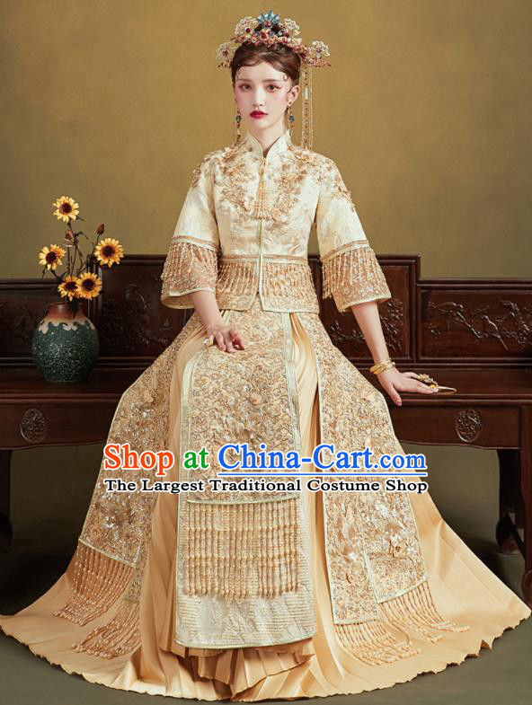 Chinese Traditional Wedding Light Golden Xiu He Suit Embroidered Blouse and Dress Ancient Bride Costumes for Women