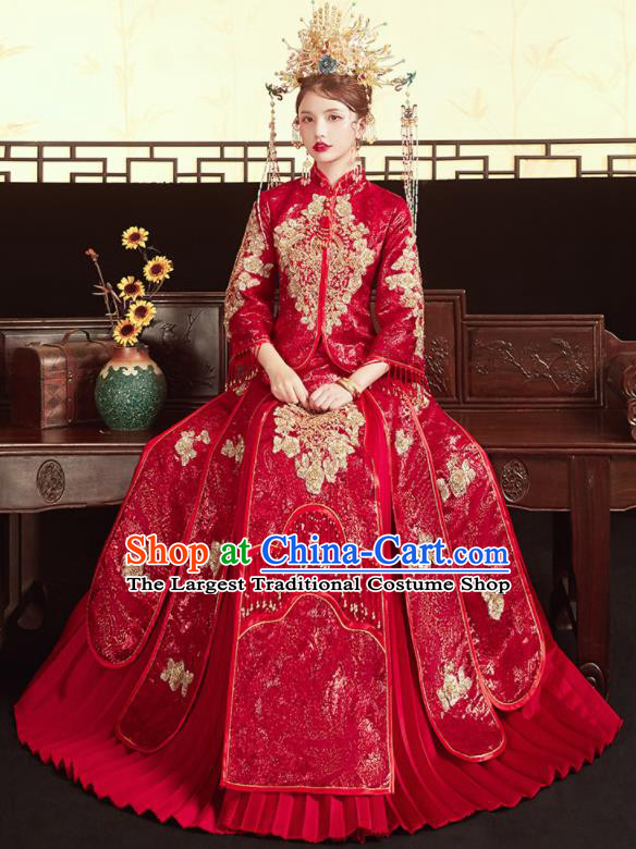 Chinese Traditional Wedding Bottom Drawer Xiu He Suit Embroidered Red Blouse and Dress Ancient Bride Costumes for Women