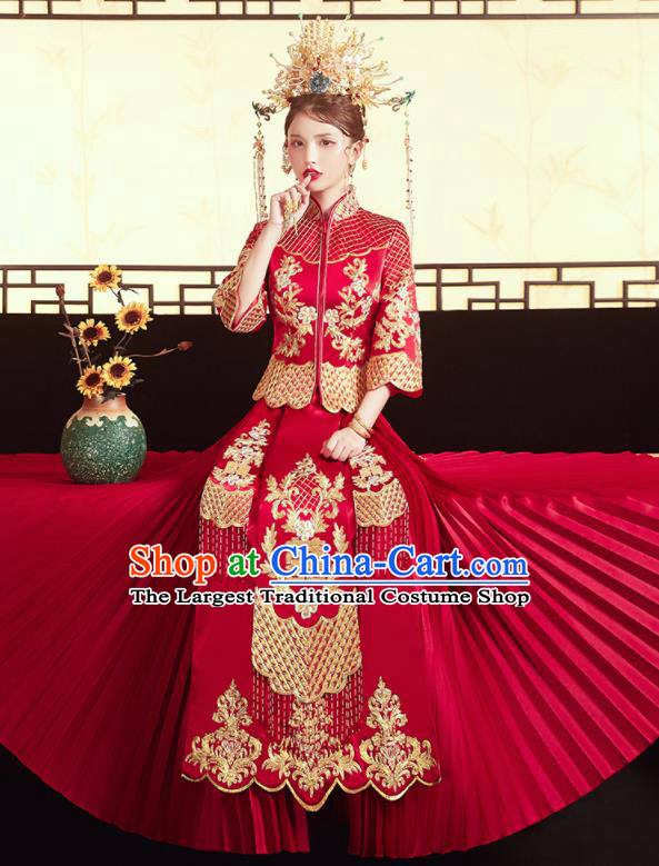 Chinese Traditional Wedding Red Bottom Drawer Xiu He Suit Embroidered Blouse and Dress Ancient Bride Costumes for Women