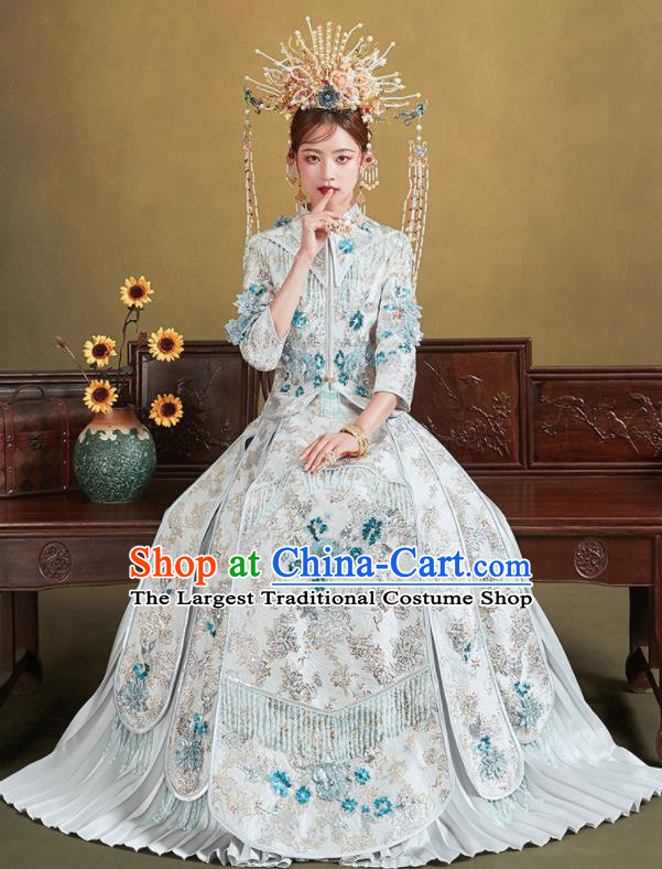 Chinese Traditional Wedding White Xiu He Suit Embroidered Blouse and Dress Ancient Bride Costumes for Women