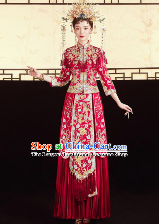 Chinese Traditional Embroidered Red Tassel Blouse and Dress Wedding Bottom Drawer Xiu He Suit Ancient Bride Costumes for Women