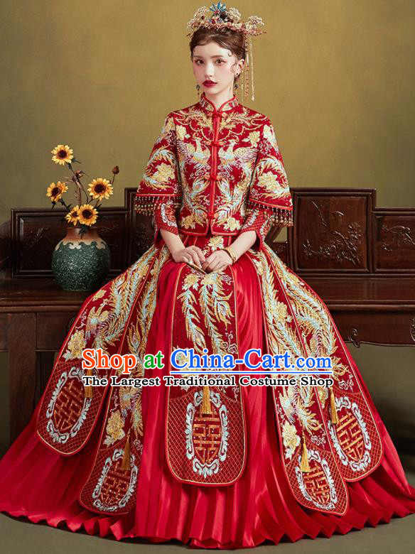 Chinese Traditional Wedding Red Xiu He Suit Embroidered Phoenix Blouse and Dress Ancient Bride Costumes for Women